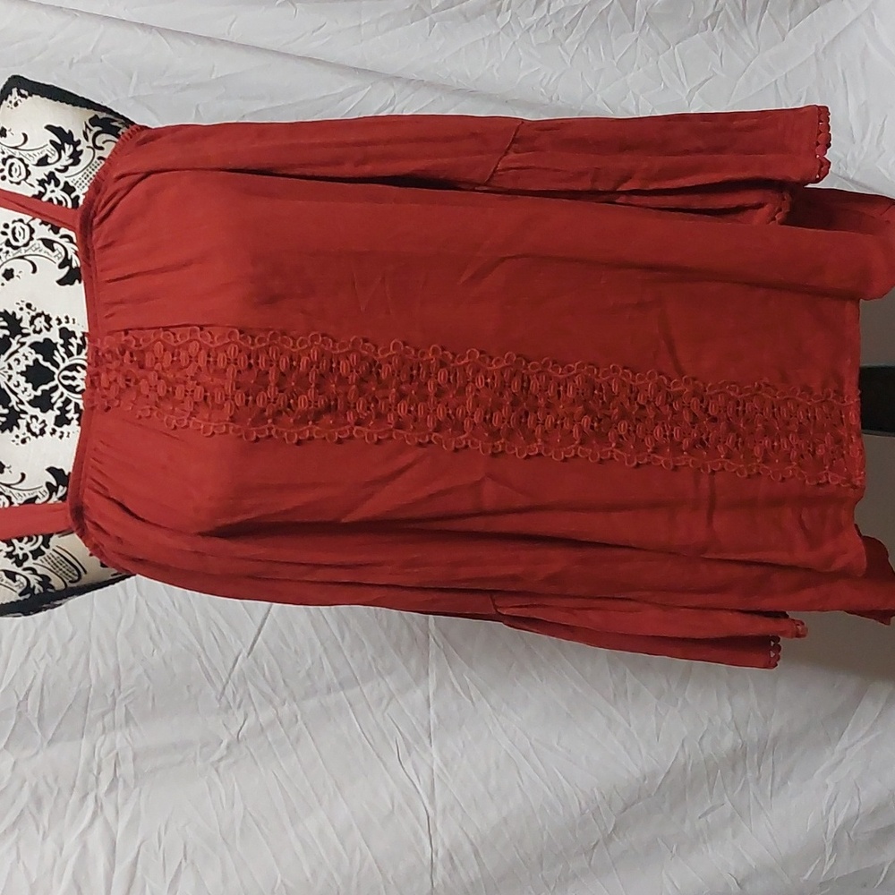 Liberty Love Off the Shoulder Boho Blouse with lace detail in burnt orange. 1XL